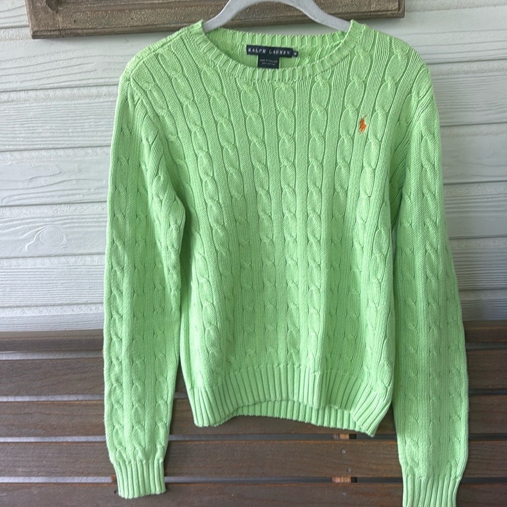 Ralph Lauren Lime Green with Orange Embroidered Label Cable Knit Sweater